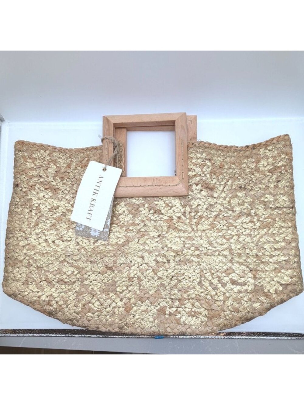 Antik Kraft Jute Tote Bag with Wooden Handles - Picture 2 of 5